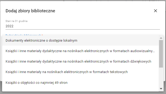 okno dodaj zbiory biblioteczne