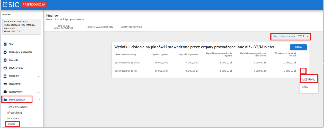 okno finanse zakładka wydatki i dotacje z zaznaczoną możliwością modyfikacji
