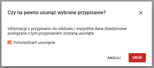 okno komunikatem potwierdzającym chęć usunięcia