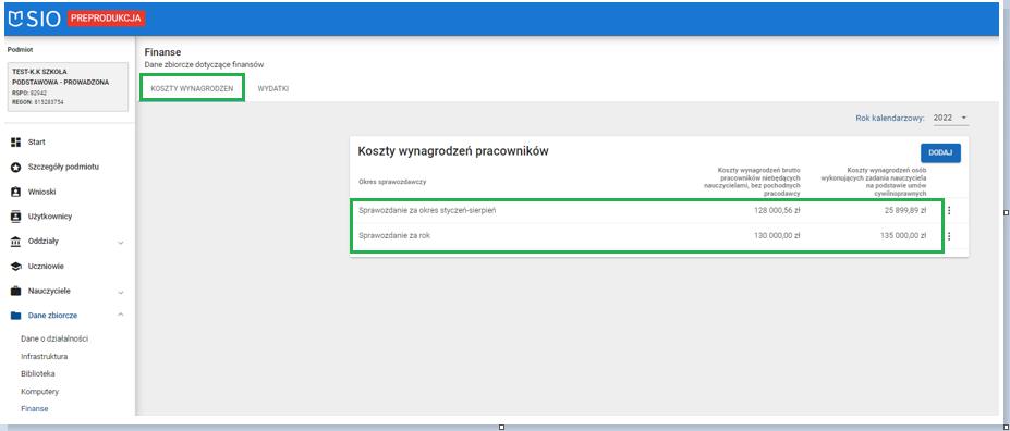 okno koszty wynagrodzeń pracowników z wprowadzonymi danymi