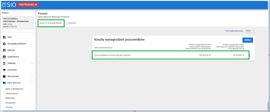 okno koszty wynagrodzeń pracowników z wprowadzonymi danymi
