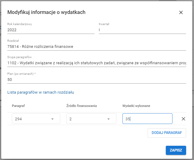 okno modyfikuj informacje o wydatkach