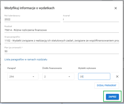 okno modyfikuj informacje o wydatkach z oznaczoną opcją zapisz