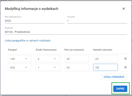 okno modyfikuj informacje o wydatkach z oznaczonym przyciskiem zapisz