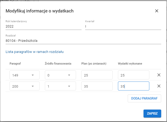 okno modyfikuj informacje o wydatkach