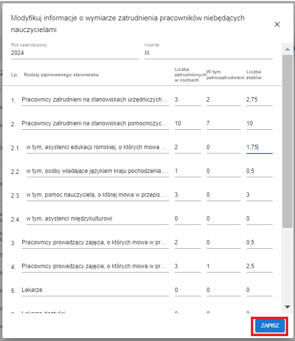 okno modyfikuj informacje o wymiarze zatrudnienia pracowników niebędących nauczycielami z oznaczonym przyciskiem zapisz
