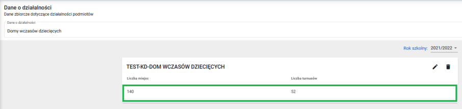 okno po wprowadzeniu danych o działalności domu wczasów dziecięcych