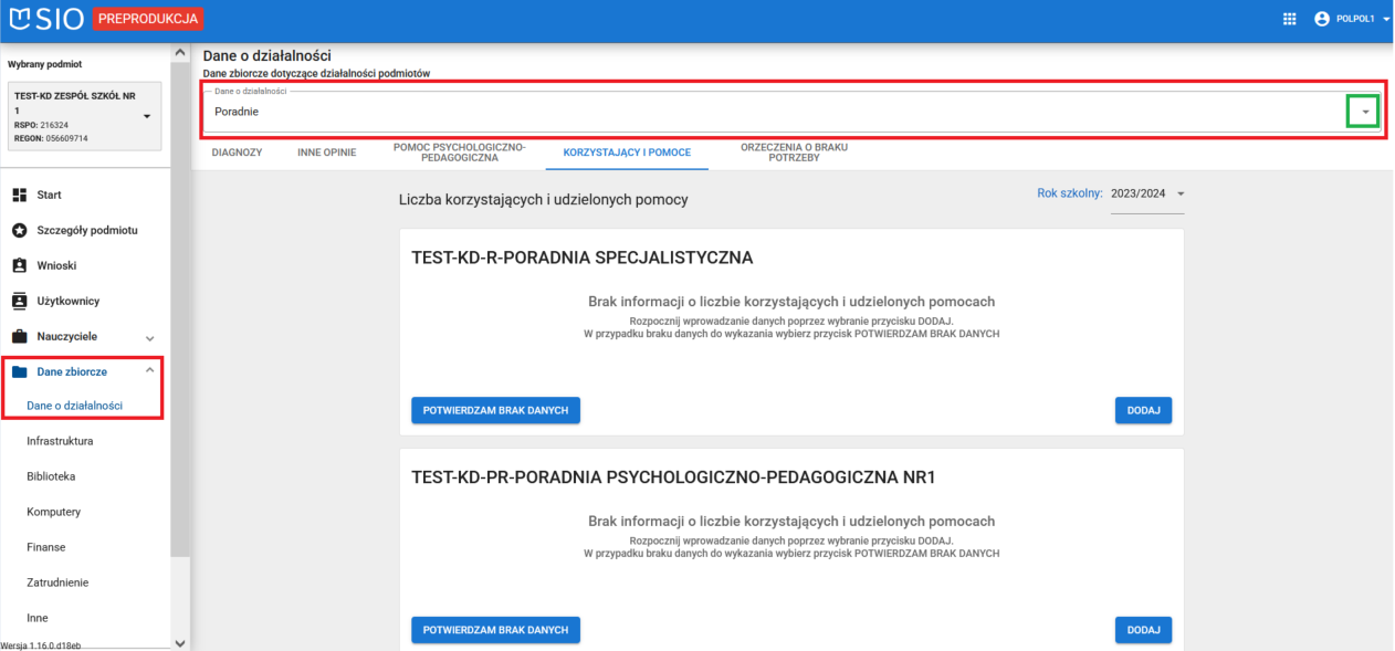 okno po wybraniu zakładki korzystający i pomoce