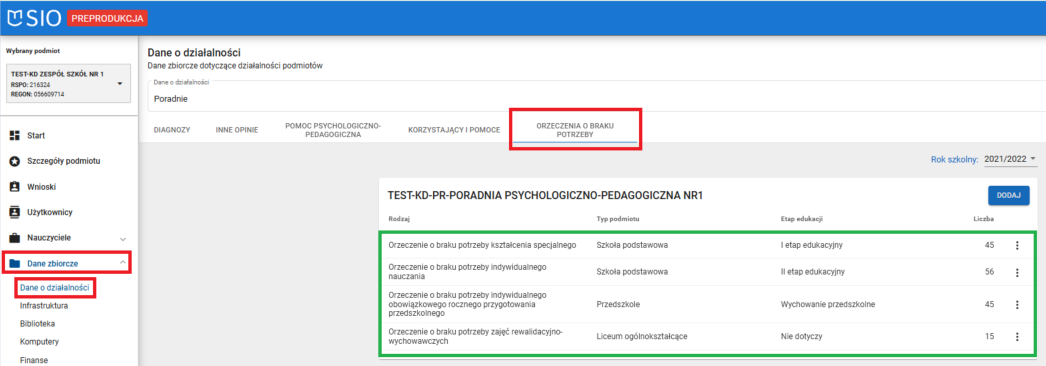 okno po zapisaniu informacji o orzeczeniach o braku potrzeby