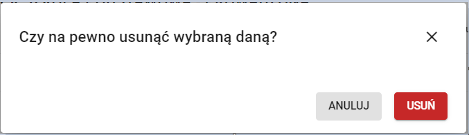 okno potwierdzenia usunięcia wybranych danych