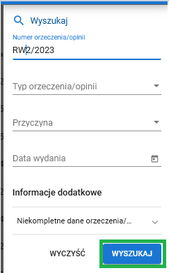 okno przedstawiające szczegóły wyszukiwania orzeczenia/opinii