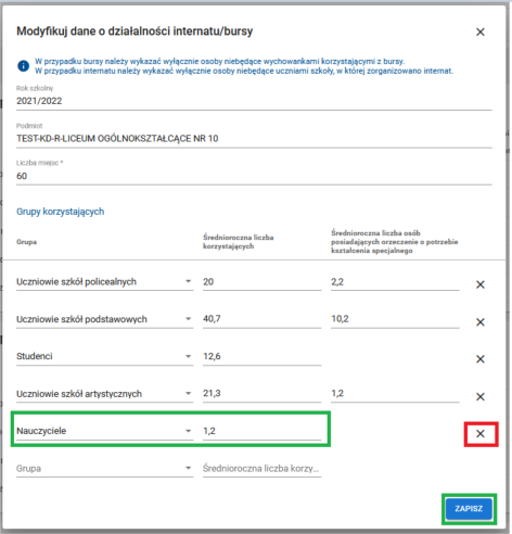 okno z formularzem modyfikuj dane o działalności internatu bursy z zaznaczoną możliwością usunięcia wpisu