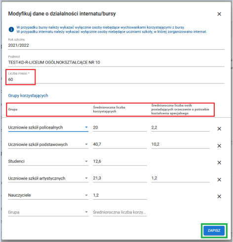 okno z formularzem modyfikuj dane o działalności internatu bursy