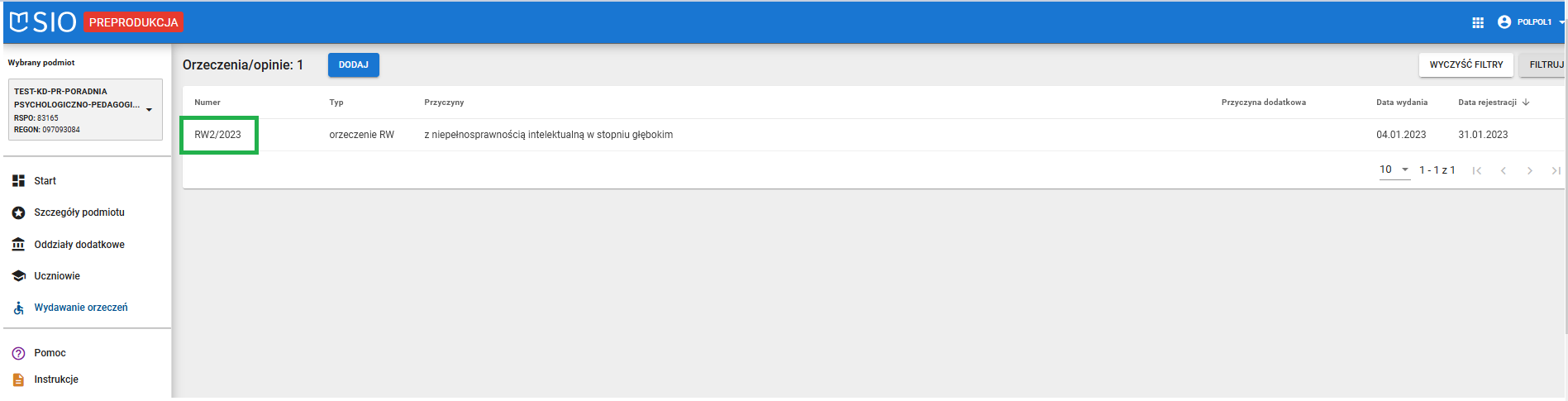 okno z listy z widokiem na wyszukane dane