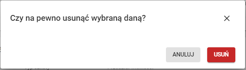 okno z potwierdzeniem chęci usunięcia danych
