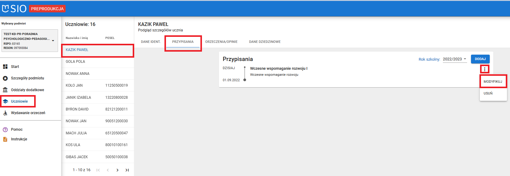 okno z widokiem modyfikację przypisania ucznia 