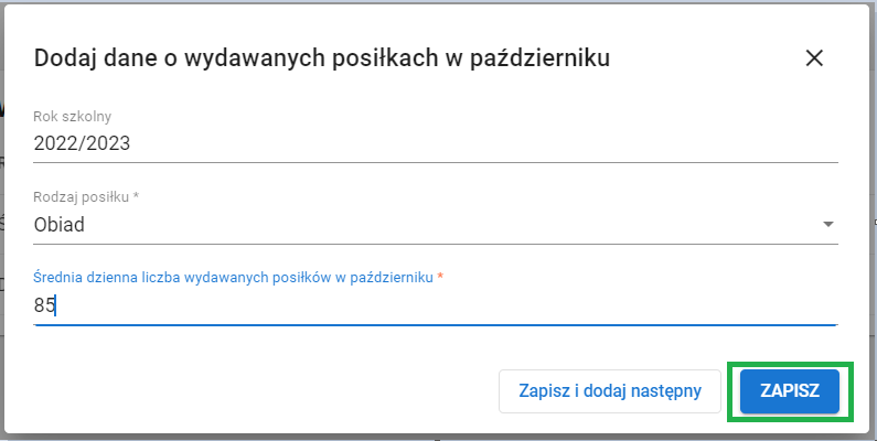 okno z widokiem na dodaj dane o wydanych posiłkach w październiku
