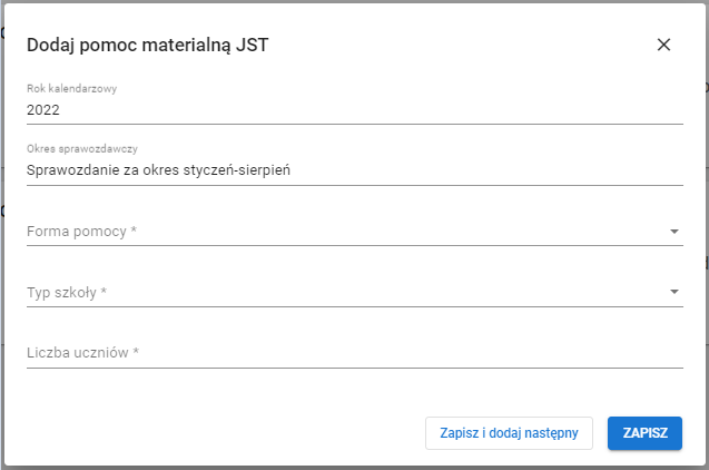okno z widokiem na dodaj pomoc materialną JST