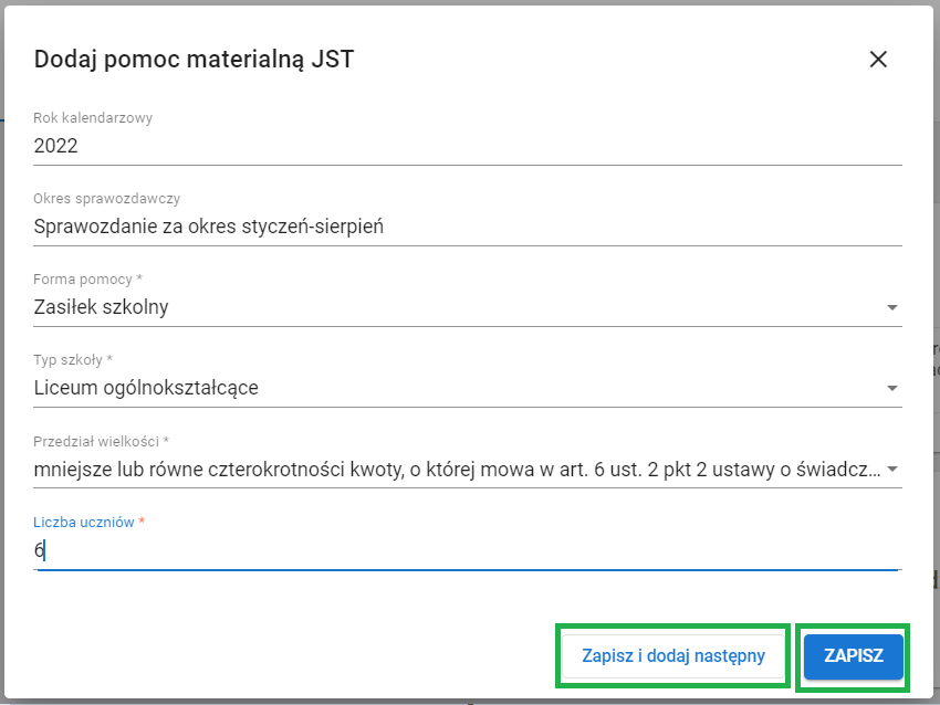 okno z widokiem na dodaj pomoc materialną JST z oznaczonym przyciskiem zapisz i dodaj następny oraz zapisz 