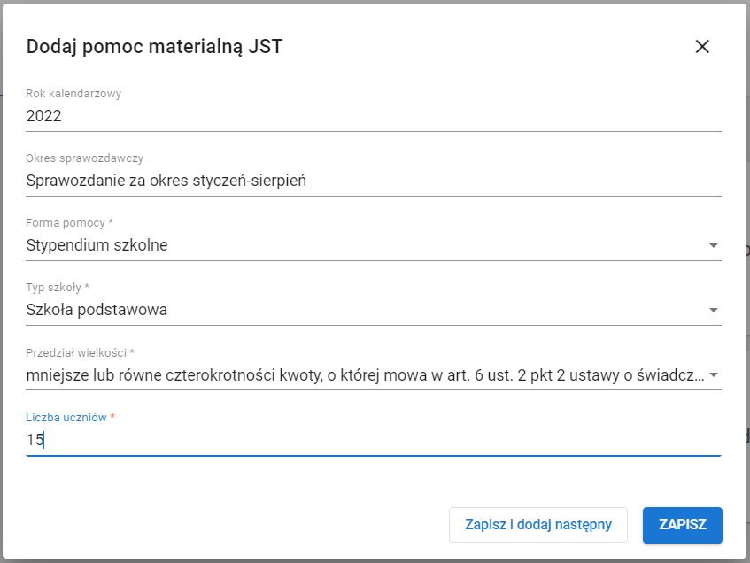 okno z widokiem na dodaj pomoc materialną JST z przykładowo uzupełnionymi danymi 