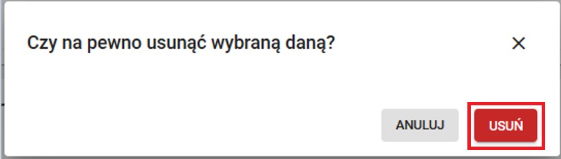 okno z widokiem na komunikat potwierdzający chęć usunięcia