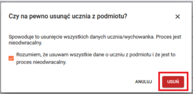 okno z widokiem na komunikat potwierdzający chęć usunięcia ucznia