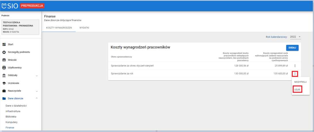 okno z widokiem na koszty wynagrodzeń pracowników z oznaczoną opcją usuń