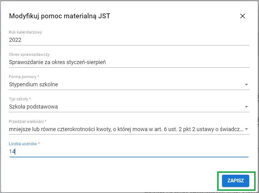 okno z widokiem na modyfikację pomocy materialnej JST