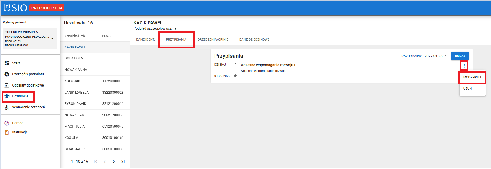 okno z widokiem na modyfikację przypisania do oddziału wczesnego wspomagania rozwoju 