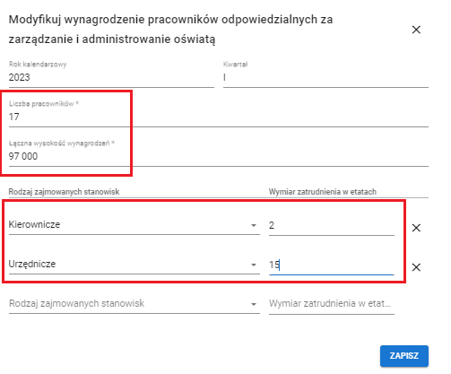 okno z widokiem na modyfikację wynagrodzenia pracowników odpowiedzialnych za zarządzanie i administrowanie oświatą.