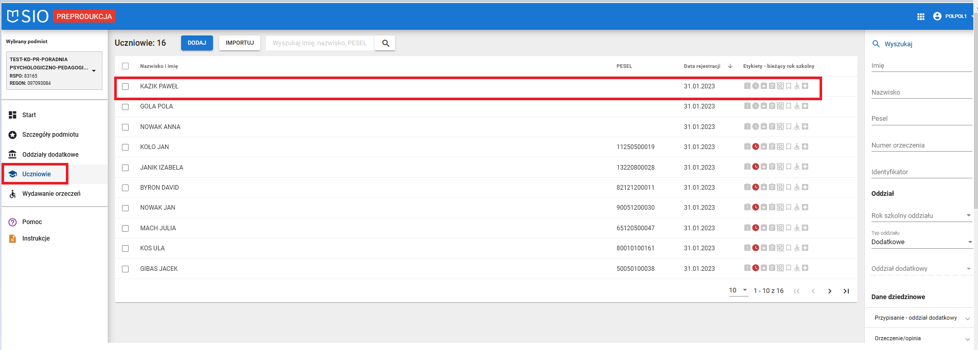 okno z widokiem na możliwość przypisania do oddziału dodatkowego wybranego ucznia z modułu uczeń 