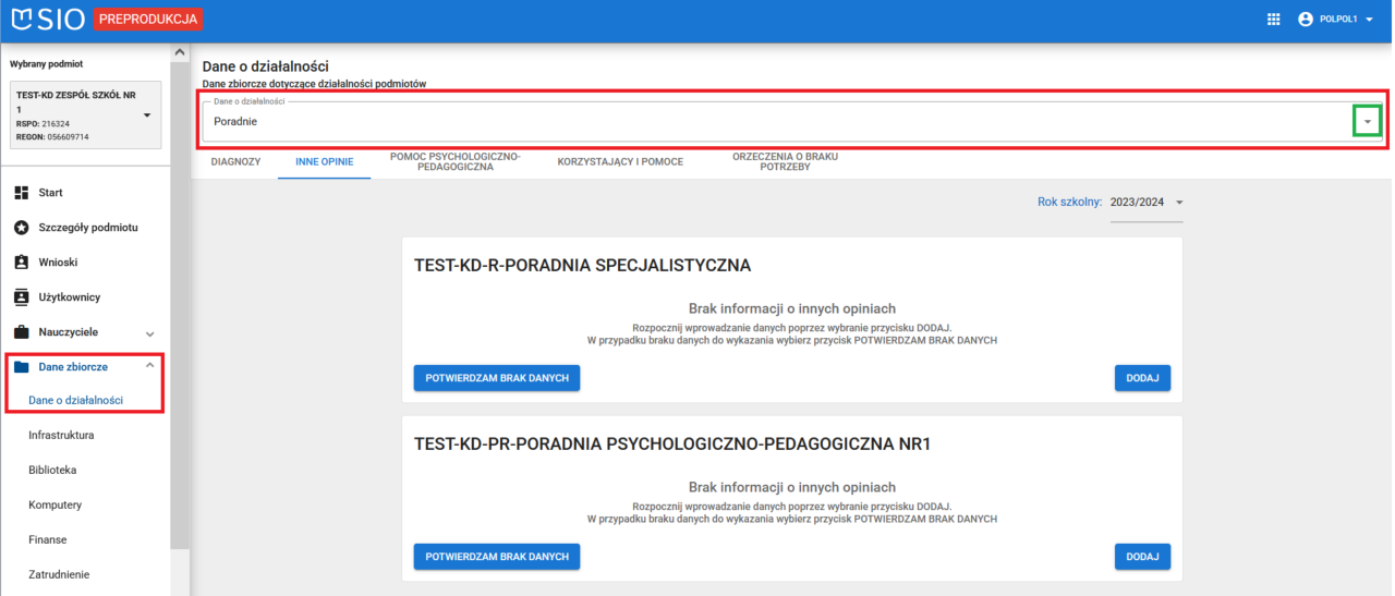 okno z widokiem na możliwość rejestracji innych opinii, z modułu dane zbiorcze i dane o działalności
