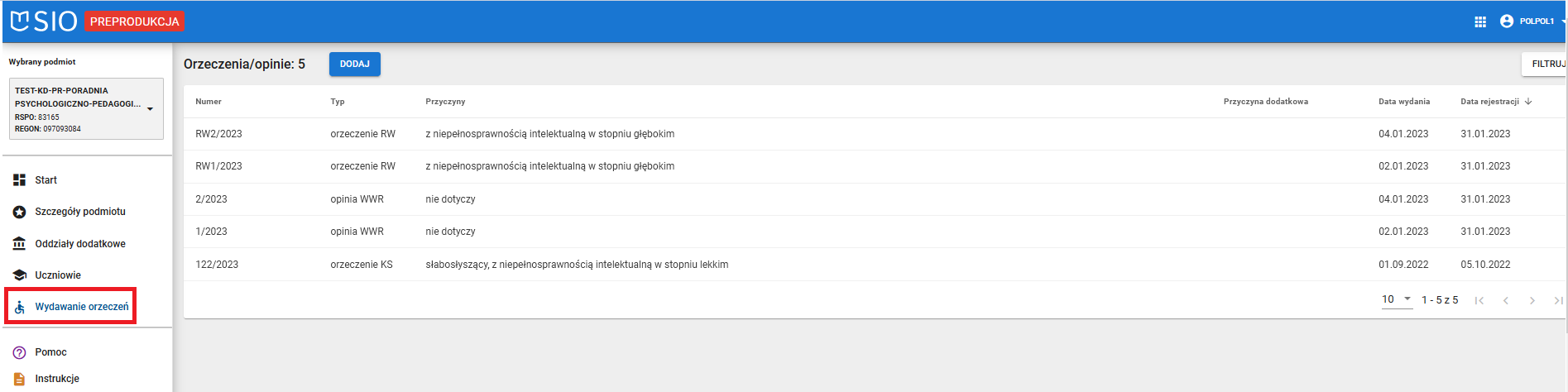 okno z widokiem na możliwość rejestracji wydawania orzeczenia/opinii dostępnym w menu bocznym.