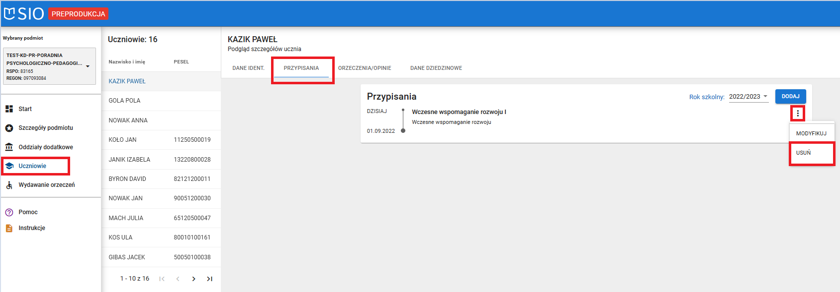 okno z widokiem na możliwość usunięcia przypisania do oddzialu dodatkowego 