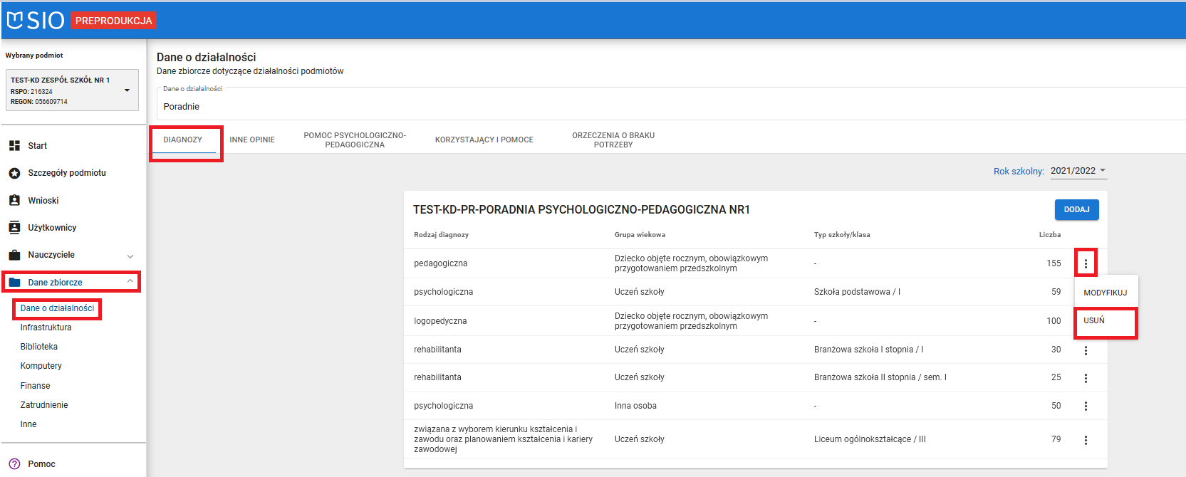 Okno z widokiem na możliwość usunięcia wybranej diagnozy z listy wprowadzonych diagnoz