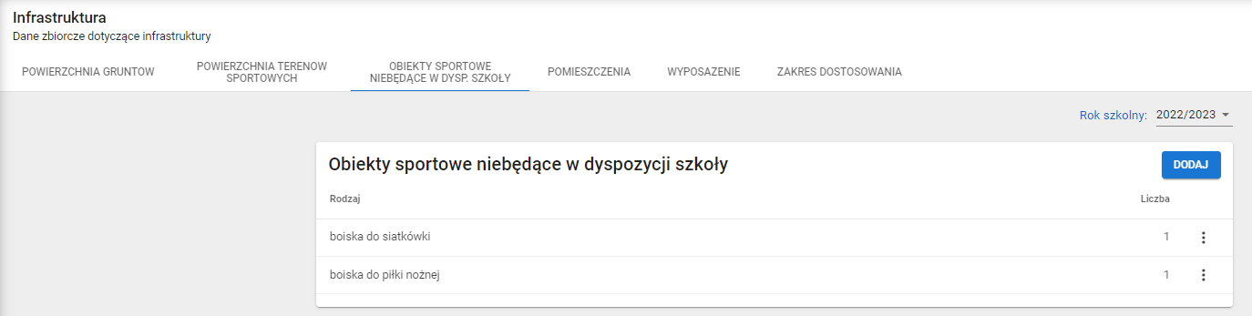 okno z widokiem na obiekty sportowe niebędące obiekty sportowe w dyspozycji szkoły po usunięciu wybranych danych