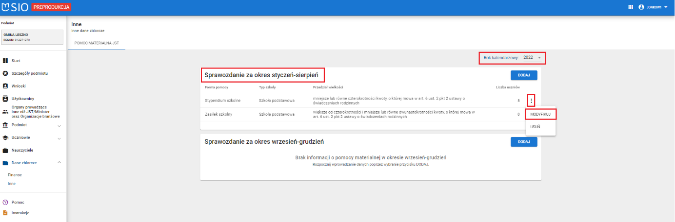 okno z widokiem na pomoc materialną z oznaczoną funkcja modyfikuj