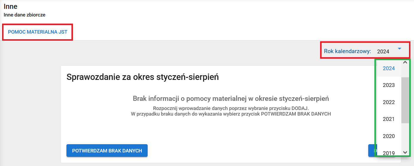 okno z widokiem na pomoc materialną z oznaczonym rokiem kalendarzowym