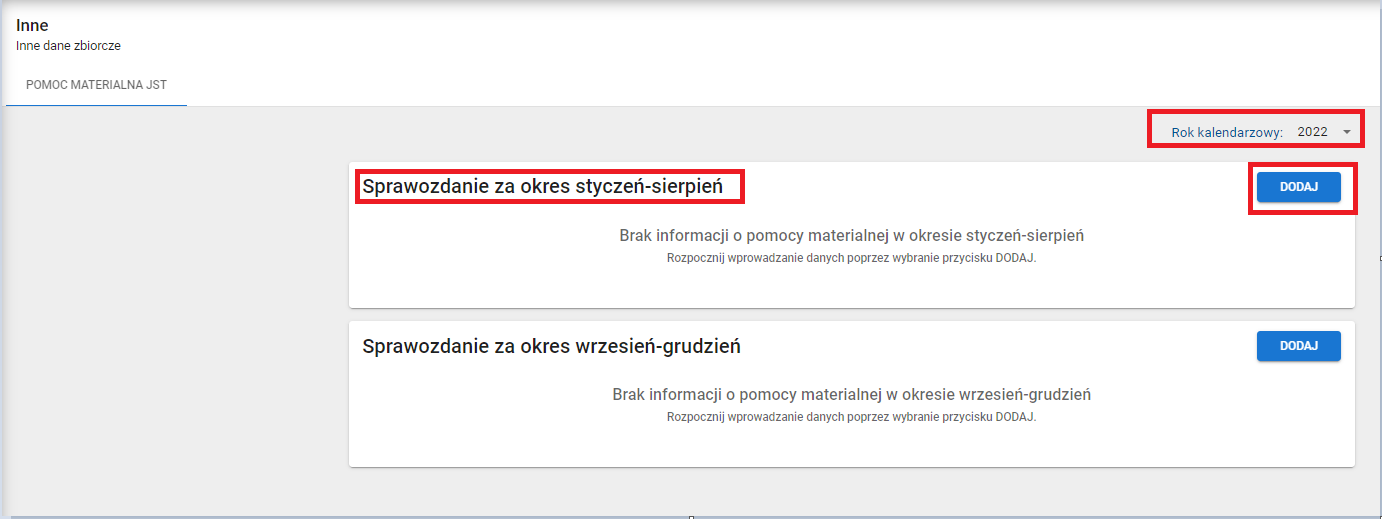 okno z widokiem na pomoc materialną z oznaczonym sprawozdaniem za okres styczeń-sierpień, rokiem szkolnym oraz przyciskiem dodaj
