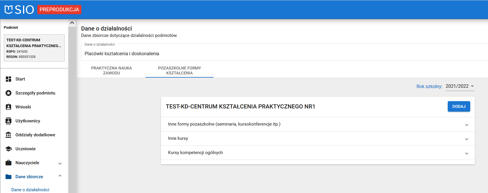 okno z widokiem na pozaszkolne formy kształcenia po usunięciu danych