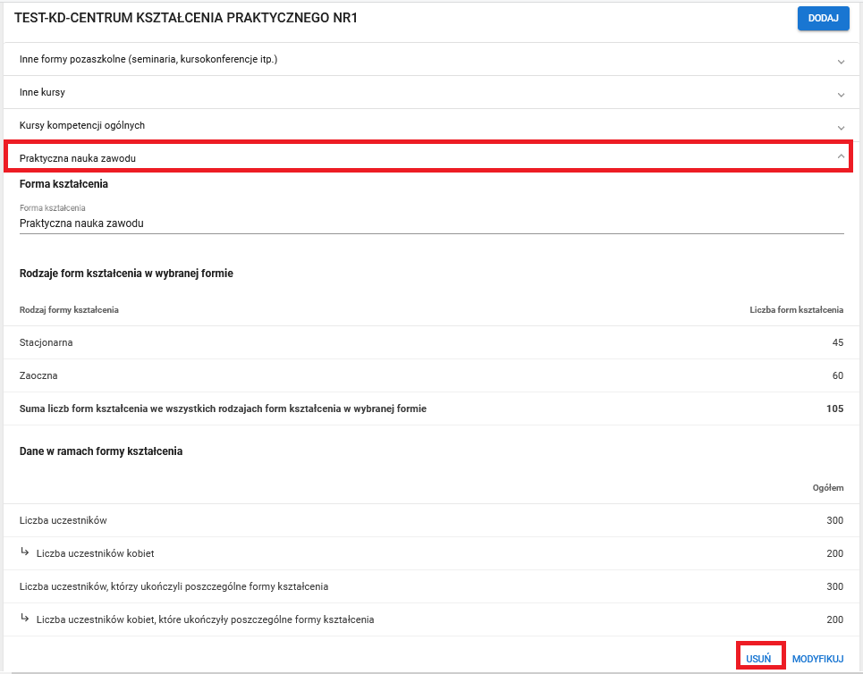 okno z widokiem na pozaszkolne formy kształcenia z oznaczoną funkcją usuń