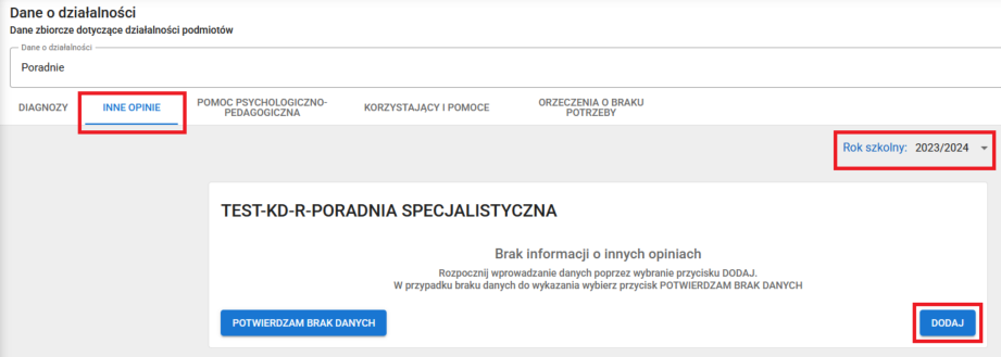 okno z widokiem na rejestrację innych opinii, po wskazaniu wybranego roku szkolnego