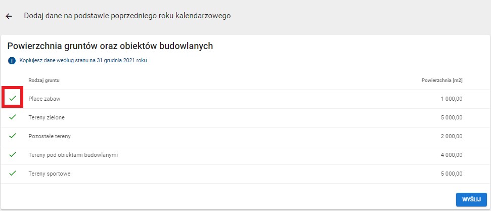 okno z widokiem na skopiowane dane powierzchni gruntów oznaczone zielonym haczykiem