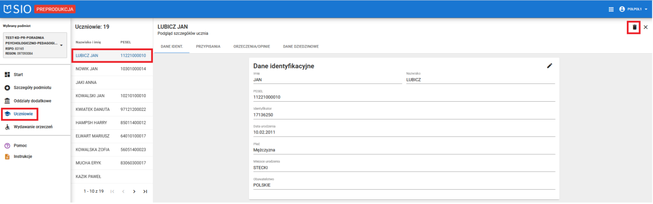 okno z widokiem na szczegóły danych ucznia, który ma zostać usunięty