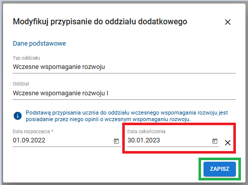 okno z widokiem na szczegóły modyfikacji przypisania ucznia do oddziału wczesnego wspomagania rozwoju 