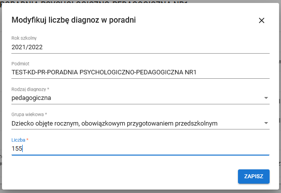 Okno z widokiem na szczegóły modyfikacji wybranej diagnozy 