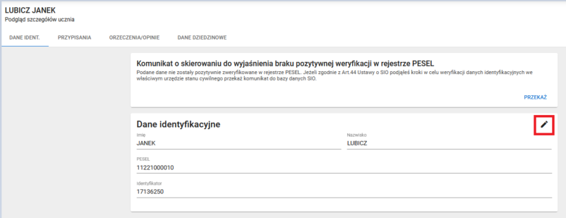 okno z widokiem na szczegóły ucznia którego dane mają ulec zmianie