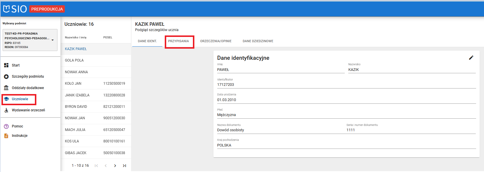 okno z widokiem na szczegóły ucznia z zakładki przypisania