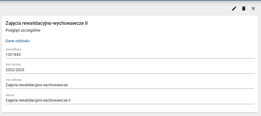 okno z widokiem na szczegóły wybranego oddziału który ma być modyfikowany