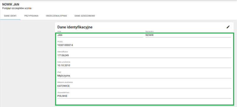 okno z widokiem na szczegóły zapisanych danych identyfikacyjnych ucznia 